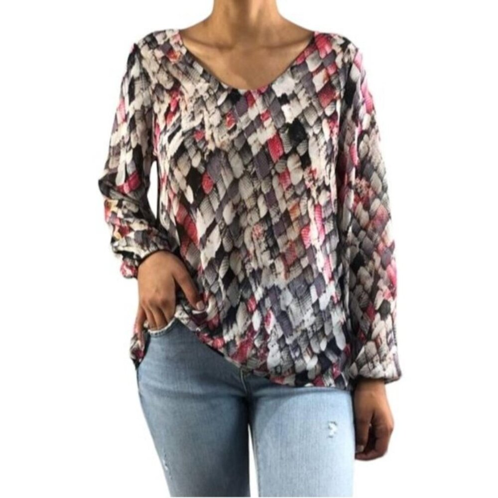 Red‎ Black Gray Graphic Liz Clairborne Multi Scoop Neck Blouse